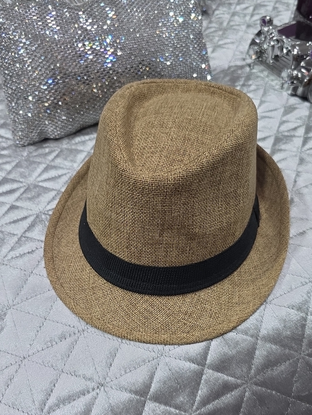 Classic Straw FEDORA Trilby Hat with Black Band - Brown